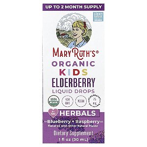 Gotas Líquidas de Sabugueiro Orgânico para Crianças Acima de 4 Anos Mirtilo + Framboesa 30 ml - MaryRuth's