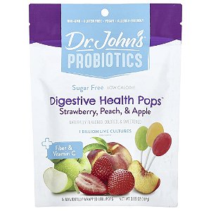 Probióticos Saúde Digestiva Pops + Fibra e Vitamina C Morango Pêssego e Maçã 14 Pirulitos Embalados Individualmente 109 g - Dr. John's Healthy Sweets