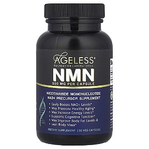 Suplemento NMN Nicotinamida Mononucleotídeo 500 mg 90 Cápsulas Vegetais - Ageless Foundation Laboratories