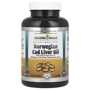 Suplemento de Óleo de Fígado de Bacalhau Norueguês Sabor Limão 1250 mg 120 Cápsulas Softgel - Amazing Nutrition