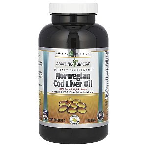 Suplemento de Óleo de Fígado de Bacalhau Norueguês Amazing Omega Sabor Limão 1000 mg 250 Cápsulas Softgel - Amazing Nutrition