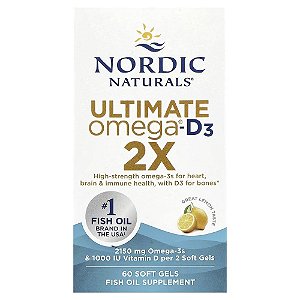 Nordic Naturals - Suplemento de Ômega-3 com Vitamina D3 Ultimate Omega 2X Limão 60 Softgels