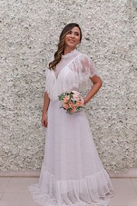 VESTIDO BRANCO LONGO RENDA DECOTE FOLHOS FLUIDO