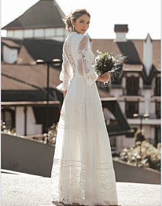 VESTIDO BRANCO LONGO GOLA ALTA MANGAS COMPRIDAS RENDA