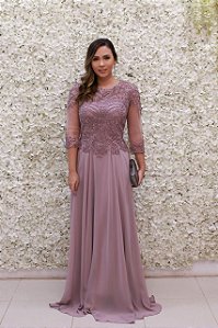 VESTIDO LAVANDA MAUVE MANGAS COMPRIDAS E SAIA FLUÍDA