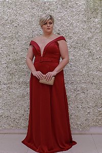 VESTIDO VERMELHO MARSALA DECOTE PROFUNDO COM CINTO FIVELA