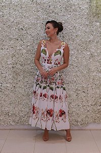 VESTIDO ARTE SACRA MIDI BRANCO ESTAMPA FLORAL BOTANIC