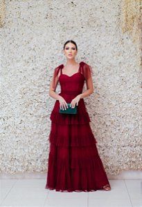 VESTIDO MARSALA TULE COM BUSTO CORSELET CAMADAS ALÇA LAÇO