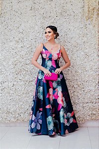 VESTIDO LONGO MARRÔ AZUL ESTAMPADO FLORES COLORIDAS ZIBELINE