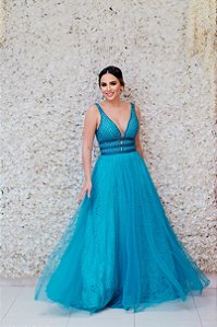 VESTIDO TURQUESA BUSTO BORDADO COLMÉIA SAIA EM TULE