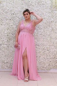 VESTIDO ROSA CLARO BUSTO BORDADO E SAIA FLUIDA