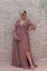 VESTIDO LAVANDA MAUVE BUSTO BORDADO EM RENDA MANGAS 3/4