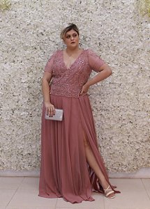 VESTIDO ROSE COM TULE BLUSADO BORDADO E MANGA CURTA