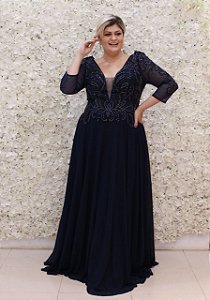 VESTIDO PS AZUL MARINHO BUSTO BORDADO MANGAS COMPRIDAS