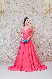 VESTIDO ROSA PINK DECOTE FRENTE E COSTA FLUIDO COM FENDA