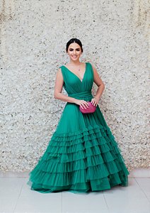 VESTIDO VERDE ESMERALDA ARTE SACRA TULE DRAPEADO