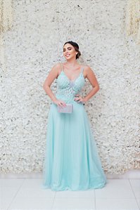 VESTIDO VERDE MINT DECOTE BORDADO SAIA EVASÊ