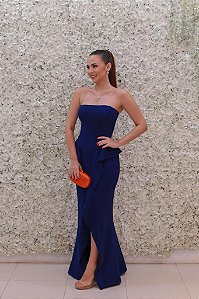 VESTIDO ARTE SACRA AZUL MARINHO TOMARA QUE CAIA COM FENDA EM BABADOS