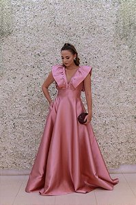 VESTIDO LONGO MARRO ROSE COM DECOTE V EM BABADO EM ZIBELINE