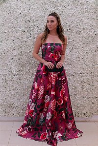 VESTIDO LONGO MARRO FUCSIA DECOTE RETO TOMARA QUE CAIA ESTAMPADO SEREIA