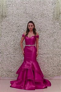 VESTIDO NY JOVANI FUCSIA OMBRO A OMBRO SEREIA SAIA EM CAMADAS
