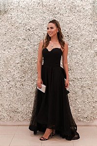 VESTIDO PRETO BUSTO ESTRUTURADO EM TULE MULLET COM LAÇO NAS COSTAS