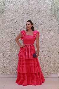 VESTIDO PINK EM TULE CAMADAS ALÇA FRU-FRU
