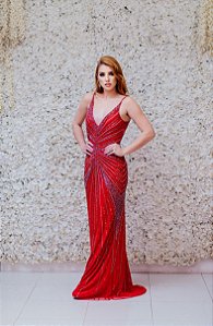 VESTIDO LONGO NY VERMELHO COM DETALHES BORDADO EM CHUMBO