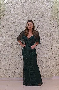 VESTIDO LONGO NY VERDE MUSGO BORDADO E DETALHE DE CAPA