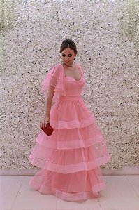 VESTIDO LONGO PESSEGO COM SAIA EM CAMADAS DE TULE E CRINOL