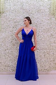 VESTIDO LONGO ALÇA FINA AZUL ROYAL EM CREPE COM DETALHE DA BABADOS NA SAIA