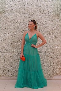 VESTIDO LONGO VERDE ALÇA FINA TODO EM TULE E COSTAS CRUZADAS