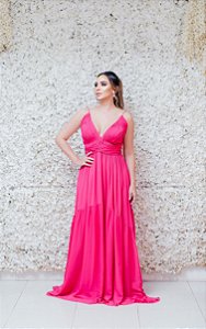 VESTIDO LONGO ALÇA FINA PINK EM CREPE COM DETALHE DA BABADOS NA SAIA