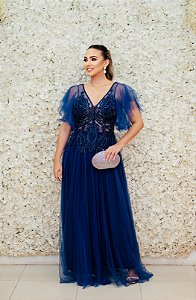 VESTIDO BALANCE AZUL MARINHO COM MANGA EM TULE FLARE E BUSTO BORDADO