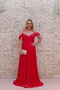 VESTIDO LONGO PINK PITAYA OMBRO A OMBRO COM BUSTO E SAIA PLISSADO