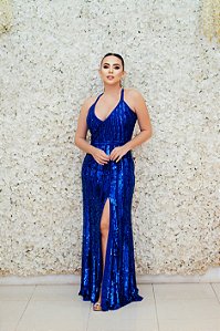 VESTIDO AZUL ROYAL NY SEREIA COM FENDA EM PAETÊ E BORDADO