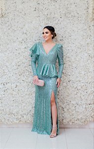 VESTIDO LONGO TODO EM PAETÊ VERDE MINT MANGA LONGA E FENDA FATIMA SCOFIELD