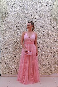 VESTIDO LONGO ROSA BEBÊ EM TULE DECOTE NAS COSTAS