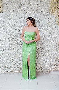 VESTIDO LONGO VERDE NEON TOMARA QUE CAIA EM PAETÊ