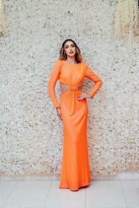 VESTIDO LONGO LARANJA RECORTE LATERAL E COSTA NUA FATIMA SCOFIELD