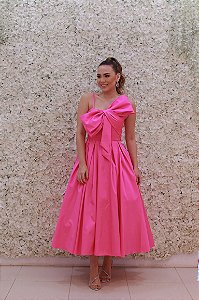 VESTIDO MIDI TAFETÁ PINK COM LAÇO NO BUSTO