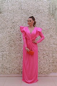 VESTIDO LONGO EM PAETÊ PINK MANGA LONGA E BABADO FATIMA SCOFIELD