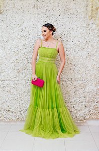 VESTIDO VERDE NEON EM TULE BUSTO ESTRUTURADO DRAPEADO