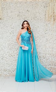 VESTIDO M RODARTE AZUL TIFFANY OMBRO ÚNICO COM CAPA E BUSTO BORDADO
