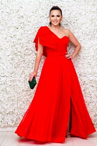 VESTIDO VERMELHO COM BUSTO CORSELET E DETALHE LAÇO NO OMBRO EM TULE E FENDA