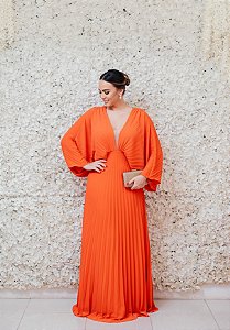 VESTIDO UNITY SEVEN PLISSADO MANGA MORCEGO LARANJA
