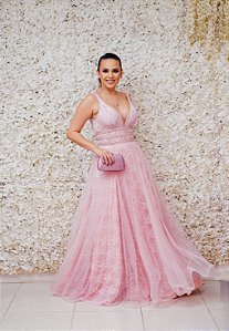 VESTIDO MARIE ROSA CLARO TIRAS BORDADAS COM CAMADA DE RENDA