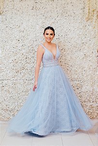 VESTIDO MARIE AZUL BEBÊ TRÊS TIRAS EM PRATA COM SAIA EM RENDA E TULE