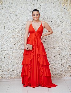 VESTIDO UNITY SEVEN VERMELHO LISO ALCINHA E SAIA COM BABADOS