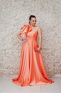 VESTIDO PRINCESA CORAL LIA RABELLO OMBRO UNICO COM LAÇO NO OMBRO